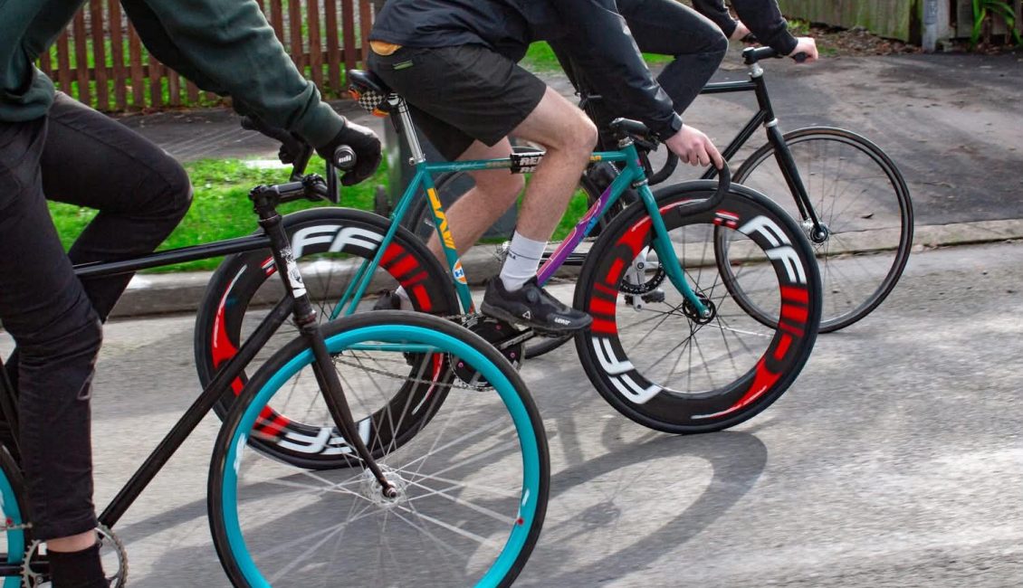 Three fixed wheel bikes rolling