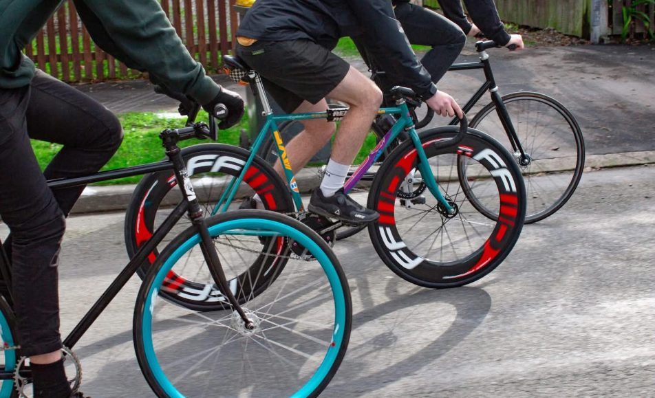 Three fixed wheel bikes rolling